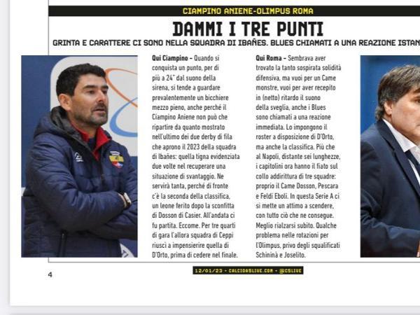 La copertina e le pagine dell'edizione dell' 11.01.2023 di Calcio a 5 Live dedicate all'Olimpus Roma