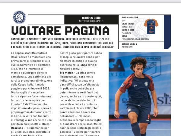 La copertina e le pagine dell'edizione dell' 11.01.2023 di Calcio a 5 Live dedicate all'Olimpus Roma