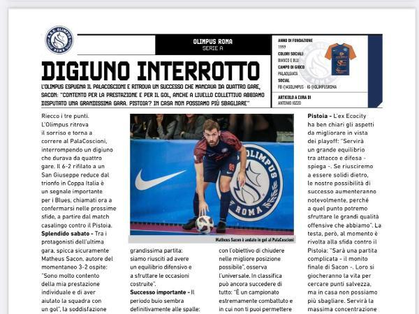 Le pagine dell'edizione del 05.04.2023 di Calcio a 5 Live dedicate all'Olimpus Roma
