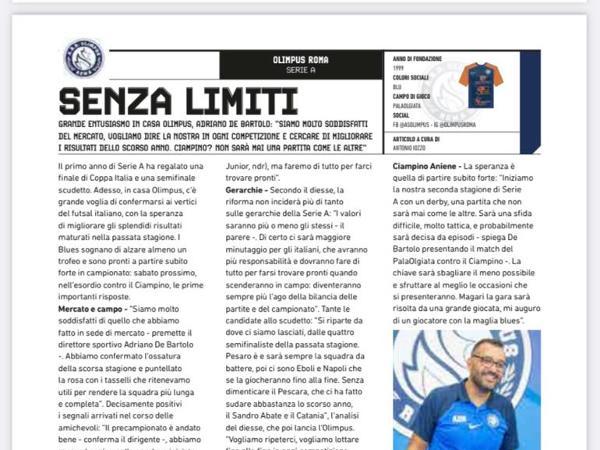 La copertina e le pagine dell'edizione del 21.09.22 di C5 Live dedicate all'Olimpus Roma