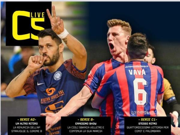 La copertina e le pagine dell'edizione dell' 08.02.2023 di Calcio a 5 Live dedicate all'Olimpus Roma