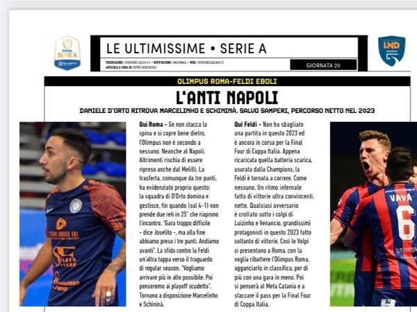 La copertina e le pagine dell'edizione dell' 08.02.2023 di Calcio a 5 Live dedicate all'Olimpus Roma