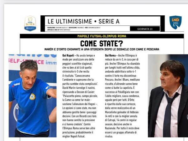 La copertina e le pagine dell'edizione dell' 08.03.2023 di Calcio a 5 Live dedicate all'Olimpus Roma