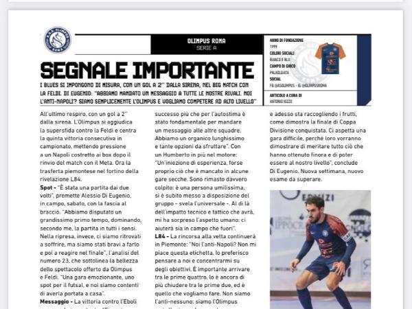 Le pagine dell'edizione del 15.02.2023 di Calcio a 5 Live dedicate all'Olimpus Roma