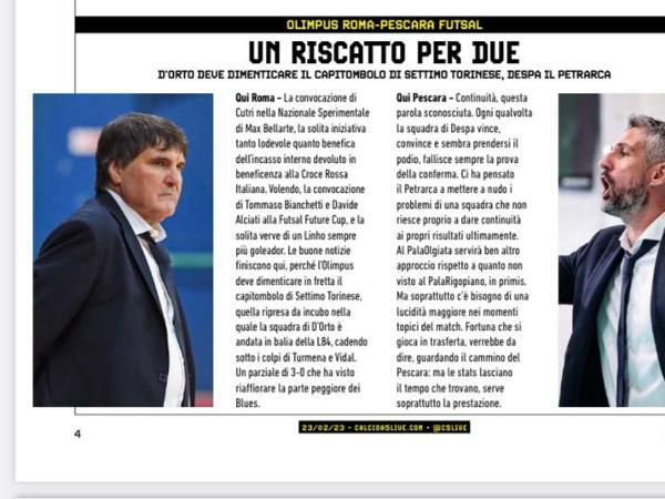 Le pagine dell'edizione del 22.02.2023 di Calcio a 5 Live dedicate all'Olimpus Roma