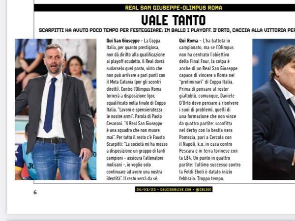 Le pagine dell'edizione del 29.03.2023 di Calcio a 5 Live dedicate all'Olimpus Roma