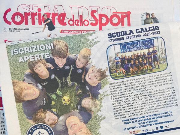 Le interviste al presidente Andrea Verde e al direttore della Scuola Calcio Fabio Eleuteri sul Corriere dello Sport, edizione del 22.09.22
